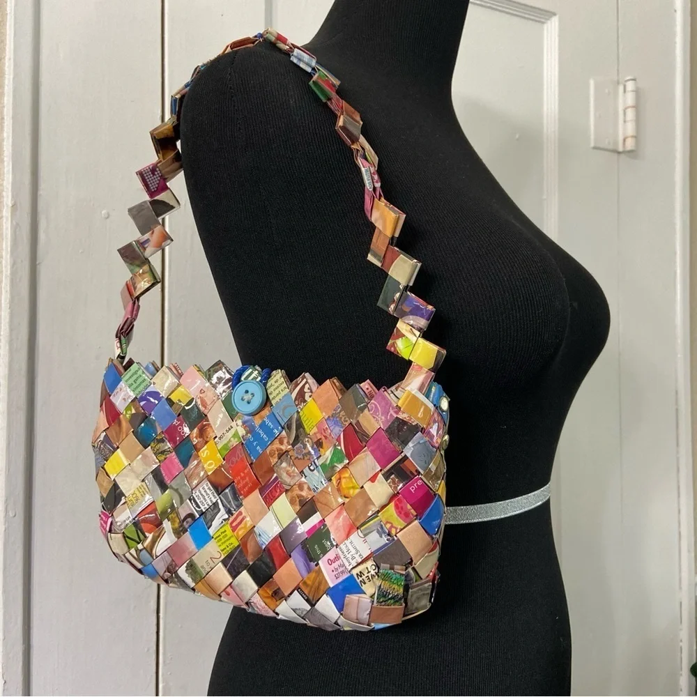 Two Recycled Colorful Woven Wrapper Bags- One Big & One Small Handbag - Picture 5 of 16